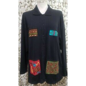 IB DIFFUSION Top Womens Size Medium Black Beaded Button Long Sleeve Cotton